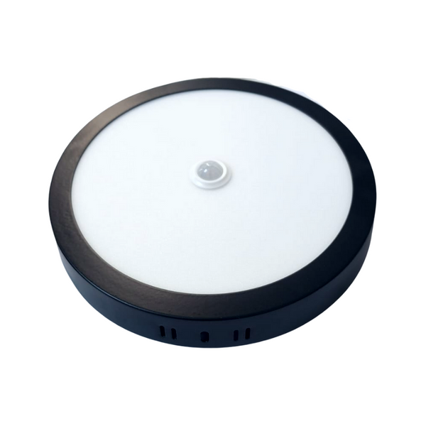 Panel Sobrepuesto Negro Pro Con Sensor De Movimiento Redondo 18W Frio 6500K