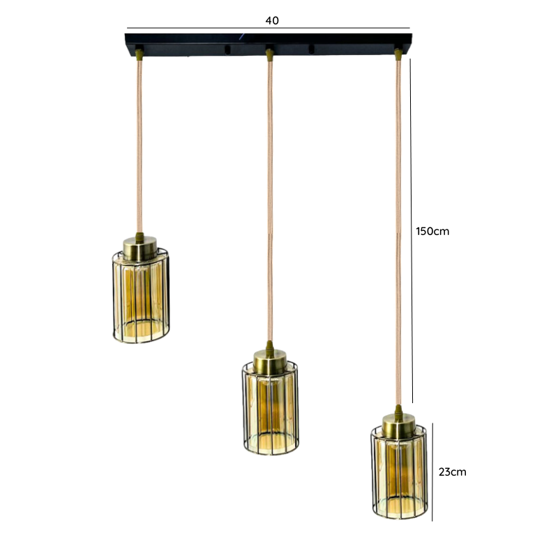 Lampara De Techo Cobre-Ambar Triple Porta Ampolleta E27 Modelo Yildun