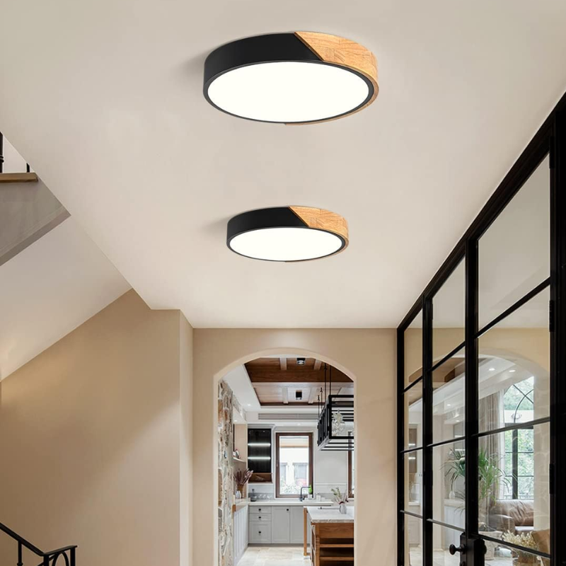 Lampara LED Moderna Con Control Redondo Sobrepuesta 36+36W 400Mm Madera Y Negro 3000K-4000K-6000K Modelo Diphda