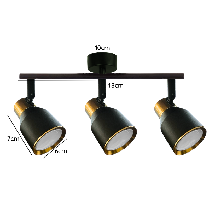 Foco Porta GU10 Triple Negro-Dorado Sobrepuesto LED Modelo Híades